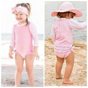 RuffleButts Baby Girls 3-6 months One Piece Rash Guard Swimsuit Pink polka dot